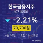 4월 16일 한국금융지주 오늘증시 70700원  -2.21%