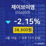 제이브이엠주식장  18일  현재 38600원