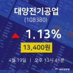 증권주식 대양전기공업 주가 19일  현재 13400원