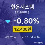 증권플러스 한온시스템 주가 22일  현재 12400원