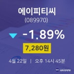 에이피티씨금일증시  22일  현재 7280원