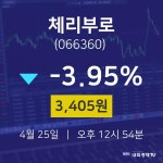 주식종목 체리부로 주가 25일  현재 3405원