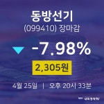(내외마감주가) 25일 동방선기 마감증시 2305원...