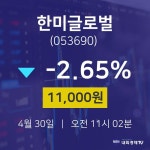 주식주가 한미글로벌 주가 30일  현재 11000원