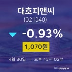 오늘주식시장 대호피앤씨 주가 30일  현재 1070원