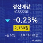 오늘증시 정산애강 주가 30일  현재 2160원
