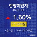 5월 2일 한양이엔지 실시간주식현황 15900원  1.60%