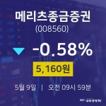 실시간주식현황 메리츠종금증권 주가 9일  현재 5160원