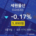 주식시세현황 세원물산 주가 9일  현재 5890원