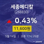 증권주식 세종메디칼 주가 14일  현재 11600원