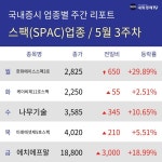 [주간 스팩(SPAC) 테마 리포트] 5월 3주차 케이비제11호스팩, 미래에셋제5호스팩, 에치에프알 등 상승