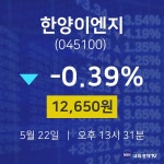 5월 22일 한양이엔지 실시간주식현황 -0.39% 12650원
