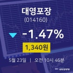 오늘주식장 대영포장 주가 23일  현재 1340원