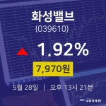 5월 28일 화성밸브 주식현황 7970원  1.92%