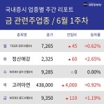 (주)금오석건 | [주간 금 관련주 테마 리포트] 6월 1주차 TIGER 금은선물(H), 정산애강, KODEX 골드선물(H), 고려아연 등 강세