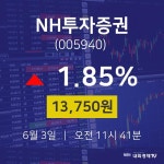 금일증시 NH투자증권 주가 3일  현재 13750원