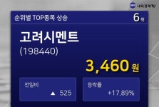 [특징주] 고려시멘트 거래량 상위 10 6위 종목 올라...