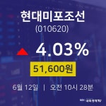 현대미포조선주식주가  12일  현재 51600원