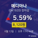 [특징주분석 주가정보]  13일 메디아나 마감증시 8120원...