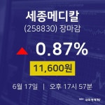 [상장주 주식시세]  17일 세종메디칼 마감증시 11600원...