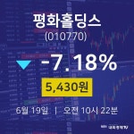 주식증권 평화홀딩스 주가 19일  현재 5430원 