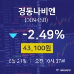 경동나비엔오늘주식장  21일  현재 43100원 
