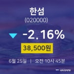 주식현황 한섬 주가 25일  현재 38500원 