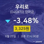 [인기종목 주가정보] 6월 25일 우리로 3325원으로 장 마감