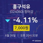 [특징주 종목정보]  26일 흥구석유 마감증시 7000원...