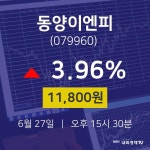 배당주식 동양이엔피 주가 27일  현재 11800원 