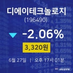 배당주식 디에이테크놀로지 주가 27일  현재 3320원 