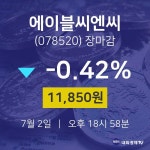 [특징주분석 주가정보] 7월 2일 에이블씨엔씨 11850원으로 장 마감