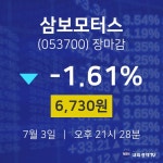 [특징주분석 주가정보]  3일 삼보모터스 마감증시 6730원...