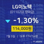 [인기종목 주가정보]  5일 LG이노텍 마감증시 114000원...