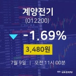 계양전기금일증시  9일  현재 3480원 