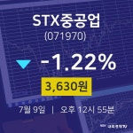 7월 9일 STX중공업 증권주식 -1.22% 3630원 