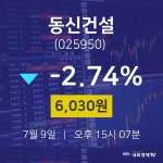 7월 9일 동신건설 주식주가 6030원  -2.74%