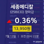 [인기종목 주가정보] 7월 13일 세종메디칼 13950원으로 장 마감