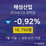 [특징주분석 종목정보] 7월 15일 해성산업 10750원으로 장 마감