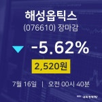 [특징주 매매동향]  16일 해성옵틱스 마감증시 2520원...