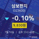 오늘주식시장 삼보판지 주가 16일  현재 9830원 