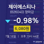 [특징주 주가정보]  16일 제이에스티나 마감증시 6080원...