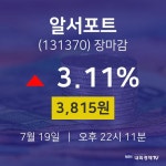 [상장주 주가정보] 7월 19일 알서포트 3815원으로 장 마감