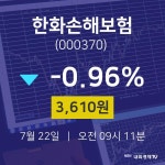 7월 22일 한화손해보험 주식주가 -0.96% 3610원 