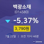 오늘주식시세 백광소재 주가 22일  현재 3790원 