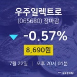 [특징주 주가정보] 7월 22일 우주일렉트로 8690원으로 장 마감