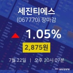 [특징주분석 주가정보]  22일 세진티에스 마감증시 2875원...