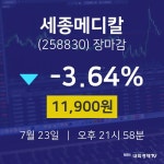 [특징주분석 종목정보]  23일 세종메디칼 마감증시 11900원...