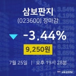 [특징주분석 주가정보]  25일 삼보판지 마감증시 9250원...