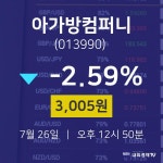 7월 26일 아가방컴퍼니 오늘주식장 -2.59% 3005원 